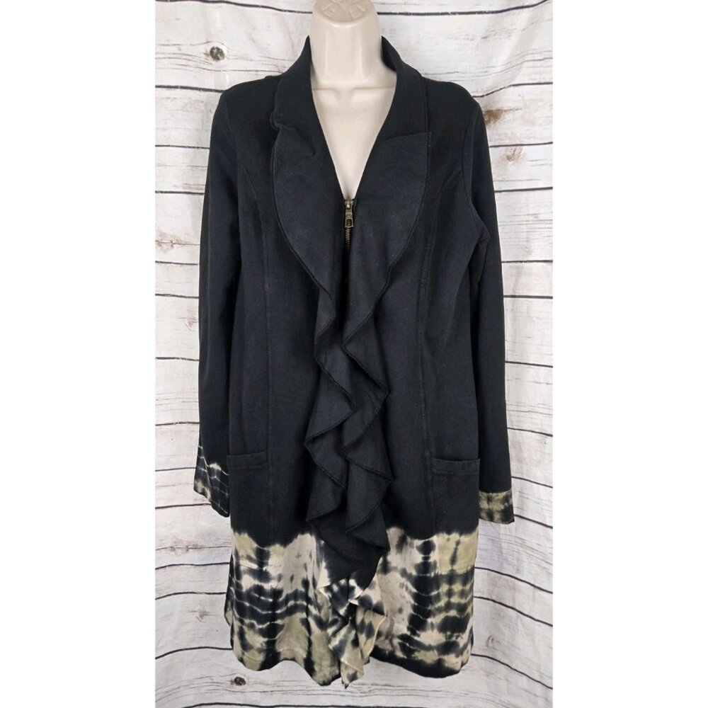 Wearables by XCVI Ruffled Tie Dye Jacket L Womens Full Zip Long Knit Black